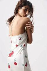 Satin Halter Lace Trim Maxi Dress