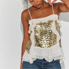 Gold Spaghetti Strap Sequin Ruffle Top