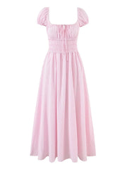 Striped Short Sleeve Ruched Bow Midi Dress