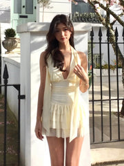 Yellow Tassel Tierred Mini Dress With Scarf