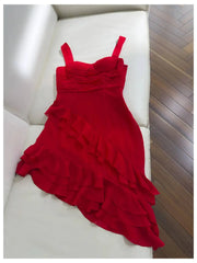 Red Ruffled Sweetheart Neck Strappy Irregular Hem Midi Dress