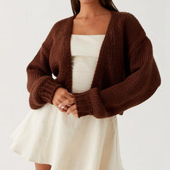 Knitted Short Lantern Sleeve Open Front Cardigan
