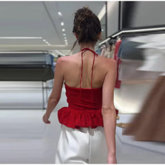 Red Ruffle Hem Cami Peplum Crop Top
