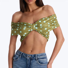 Polka Dot Off The Shoulder Front Twist Knot Bandeau Top