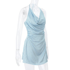 Blue Satin Polka Dot Cowl Neck Mini Dress