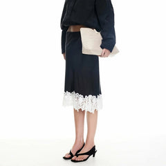 Lace Trimmed Patchwork Satin Midi Skirt