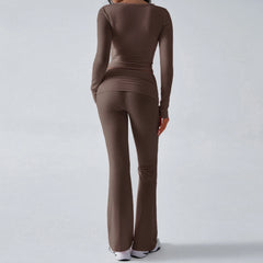 Solid V-Neck Long Sleeve Top and Elastic Flared Pant Set