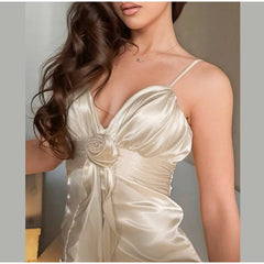 Satin Flowers Ruffles Long Dress