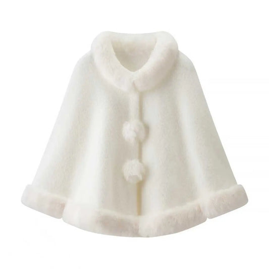 White Faux Fur Pom Pom Button Cape Shawl