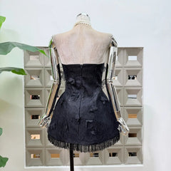 Beaded Tassel Hem Lace 3D Applique Strapless Mini Dress