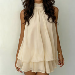 Tiered Ruffle Open Back Halter Mini Dress
