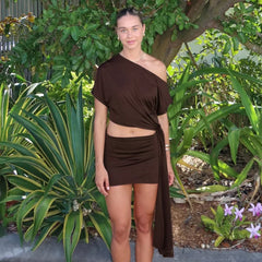 Slanted Tie Up Top And Mini Skirt Set