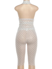 White Polka Dot Rose Applique Halter Top And Mesh Capri Pants Set