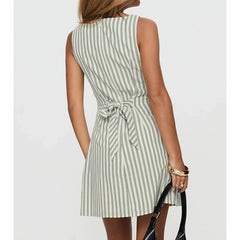 Striped Print Sleeveless Boat Neck Mini Dress