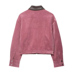 Pink Corduroy Turn-Down Collar Zipper Jacket