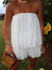 White Pleated Tube Top And Shorts Set
