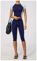 Two-Tone Contrast Seam Crop Top And Capri Leggings Set