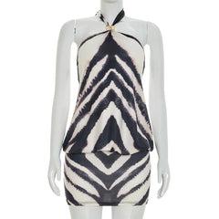 Zebra Printed Halter Metal Buckle Puff Hem Mini Dress