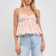 Pink Babydoll Spaghetti Strap Printed Tank Top