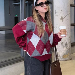 Argyle Button-up Knit Sweater