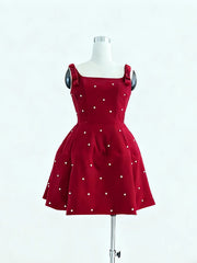 Bowknot Square Neck Sleeveless Beaded Mini Dress