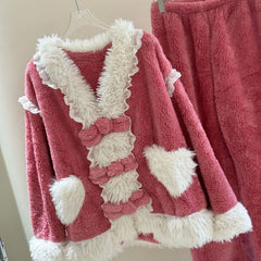 Pink Fur Plush Shirt And Pants Sleepwear Set