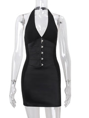 V-Neck Black Pu Hook Mini Dress