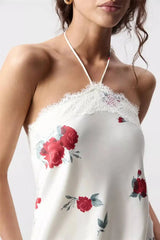 Satin Halter Lace Trim Maxi Dress