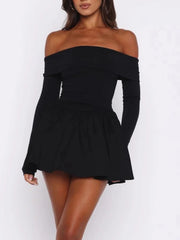 Off-Shoulder Long Sleeve Solid Ruffled Mini Dress