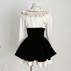 Satin Polka Dot Square Collar Long Sleeve Black Mini Dress