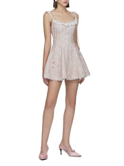 Pink Floral Tie Up Eyelet Trim Mini Dress