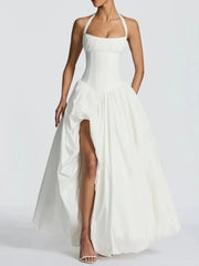 Halter Neck Puff Maxi Dress
