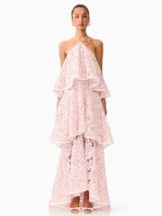 Halter Neck Tiered Ruffle Flower Long Dress