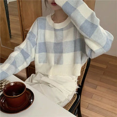 Plaid Loose O-Neck Short Sweater