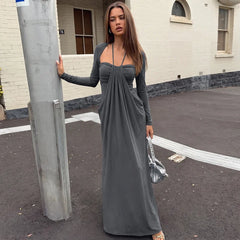 Long Sleeve Draped Tie Neck Maxi Dress
