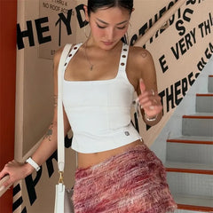 Metal Eyelet Cross Halter Square Neck Top