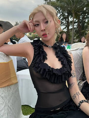 Black Ruffle Low-Neck Tank Top