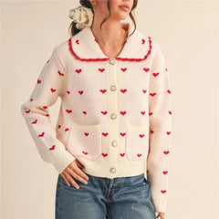 Heart Print Doll Collared Knitted Cardigan