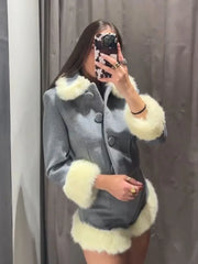 Grey Button Up Fur Trim Collar Crop Jacket And Shorts Set
