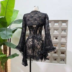 Black Lace Fishbone Flare Sleeve Bodycon Mini Dress