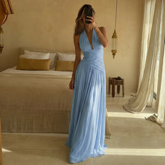 Blue Halter Deep V Neck Tie Up Ruched Waist Maxi Dress