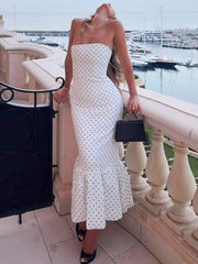 Polka Dot Strapless Tiered Hem Midi Dress