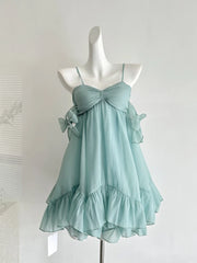 Mint Green Chiffon Bow Ruffle Mini Dress