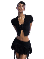 Black Mesh Frill 3d Flower Crop Top And Mini Skirt Set