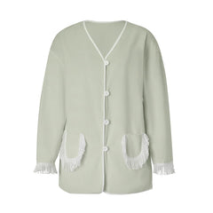 Long Sleeve Button‑Down Tassel Fringe Pocket Top And Elastic Waist Shorts Loungewear Set