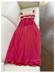 Red Lace Trim Square Neck Ruffle Chiffon Maxi Dress