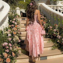 Floral Print Square Neck Strap Long Dress