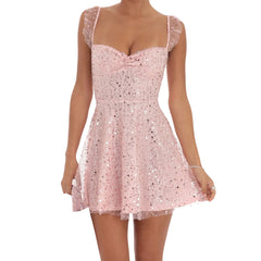 Sequin Ruffle Sleeve Tie Up Mini Dress