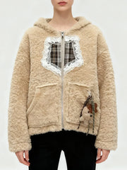Gingham Teddy Hooded Patchwork Jacket