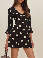 Black Polka Dot Print Three Quarter Sleeves Mini Dress